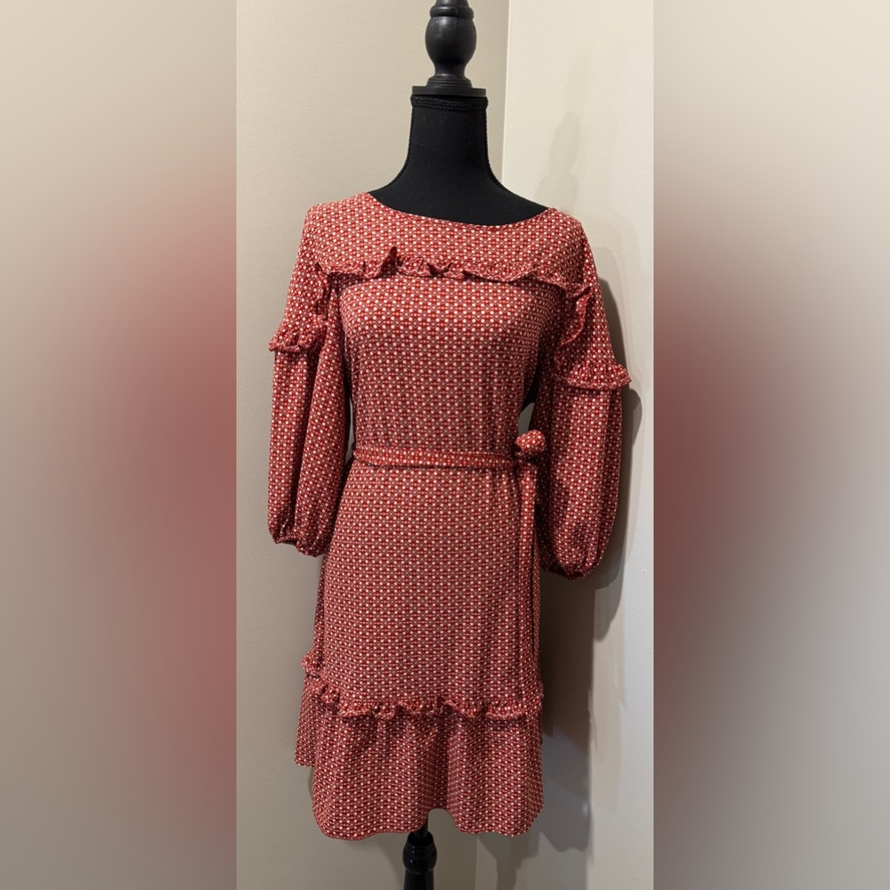 Max Studio Rust Geometric Long Sleeve Dress Medium Boho Chic Parisian Casual